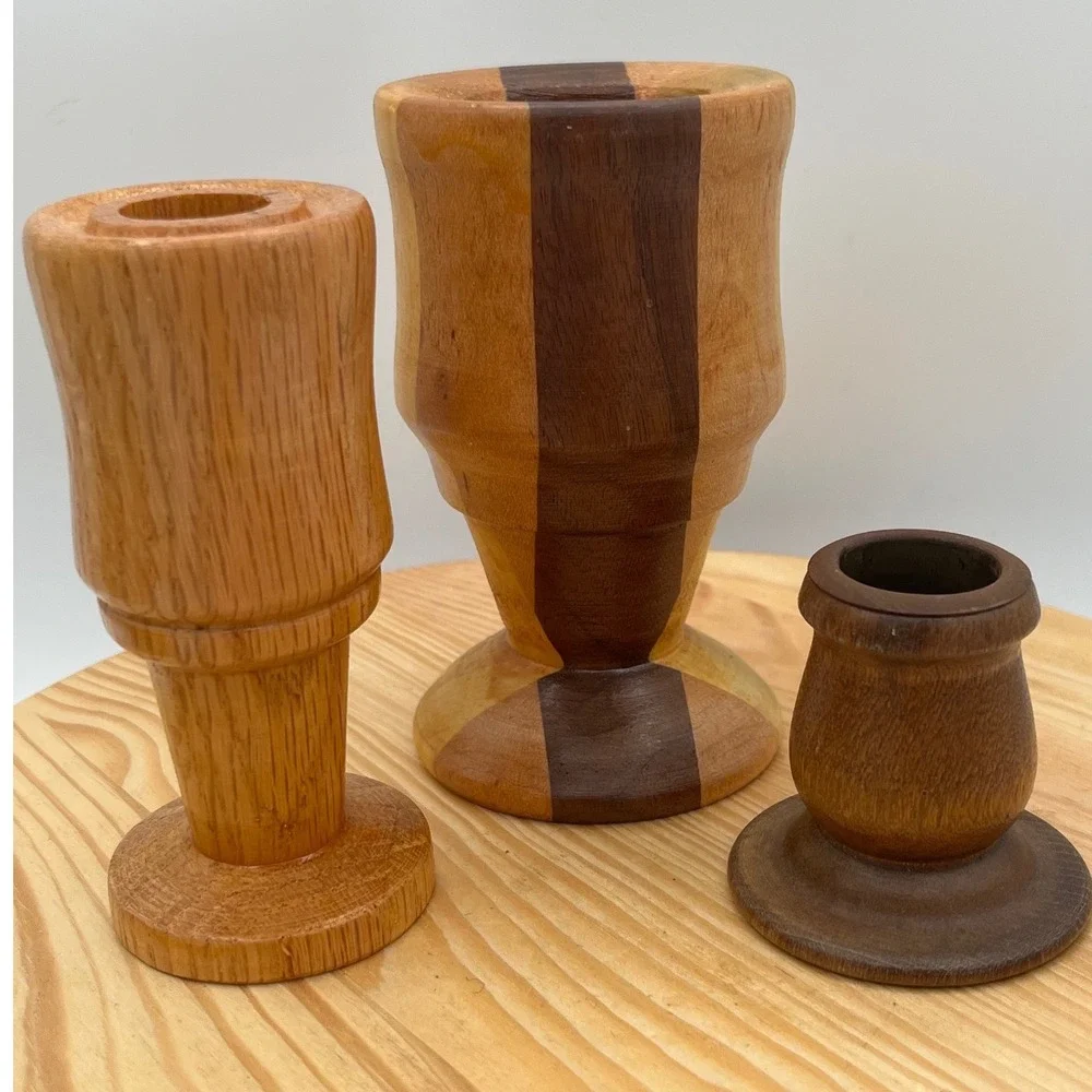 Vtg Mid Century Modern Turned Wood Candlestick Holders Set 3 minimalist